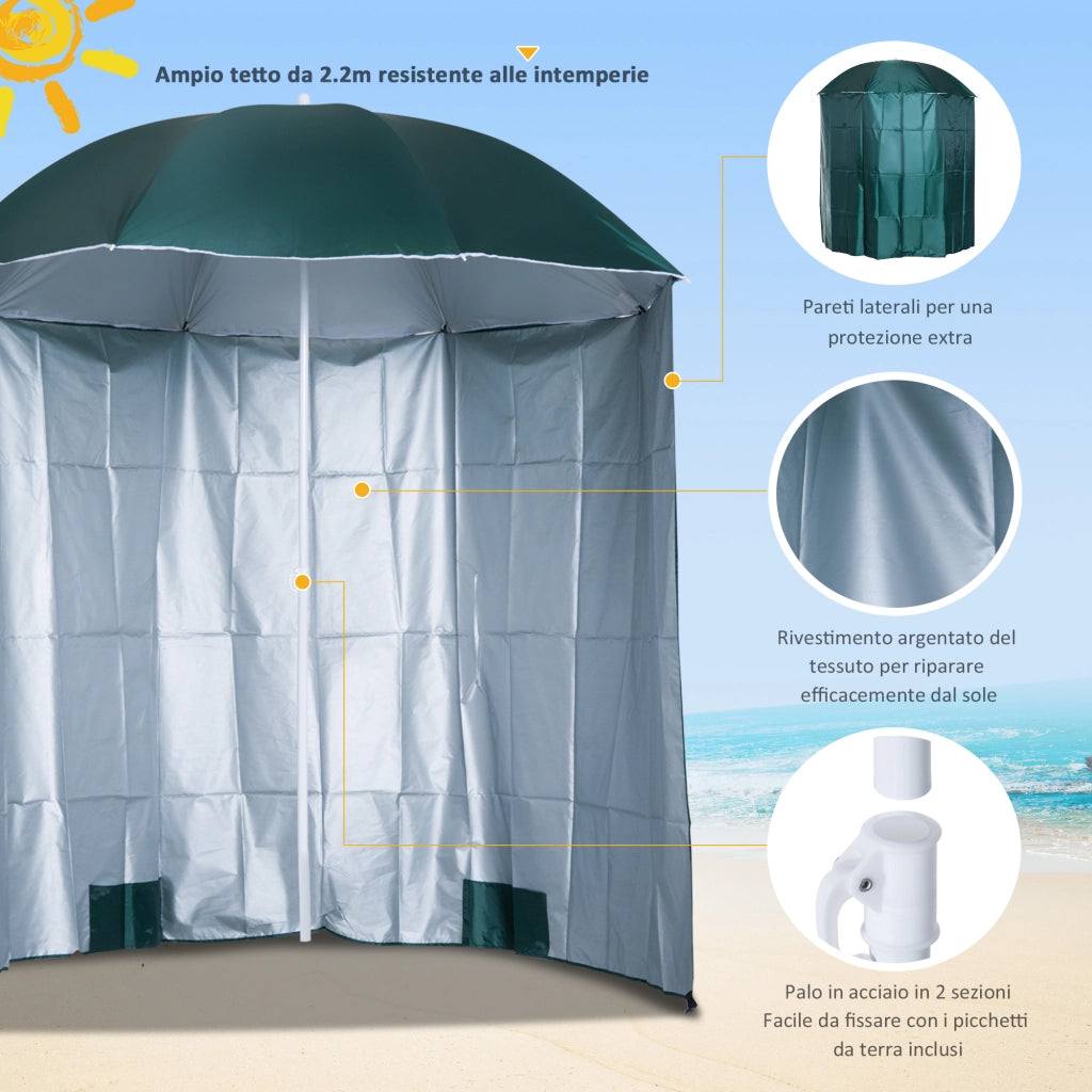 Ombrellone da Spiaggia e da Giardino 2x2 m con Tenda, in Poliestere e Metallo, Verde e Bianco