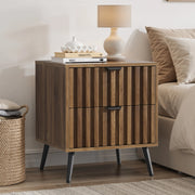 Comodino moderno in MDF con 2 cassetti e gambe in metallo; noce; 45 x 40 x 53 cm