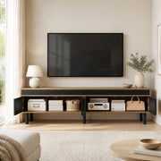 Mobile TV moderno con 4 ante; 170x38x47 cm; nero e effetto legno