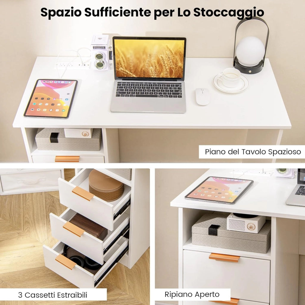 Scrivania con 3 Cassetti, Scrivania Bianco con Stazione di Ricarica e Mensola Aperta, Postazione da Lavoro PC per Camera da Letto, Studio e Ufficio, 108 x 48 x 76 cm