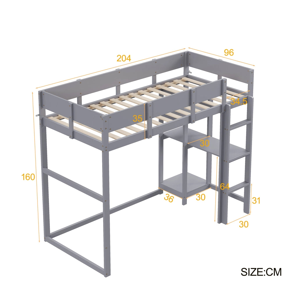 Letto a soppalco 90 x 200 cm grigio; legno di pino massiccio; struttura a listelle; per bambini e adolescenti