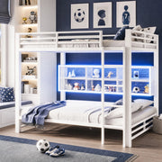 Letto a castello 140x200 cm in metallo bianco con 6 armadietti e LED