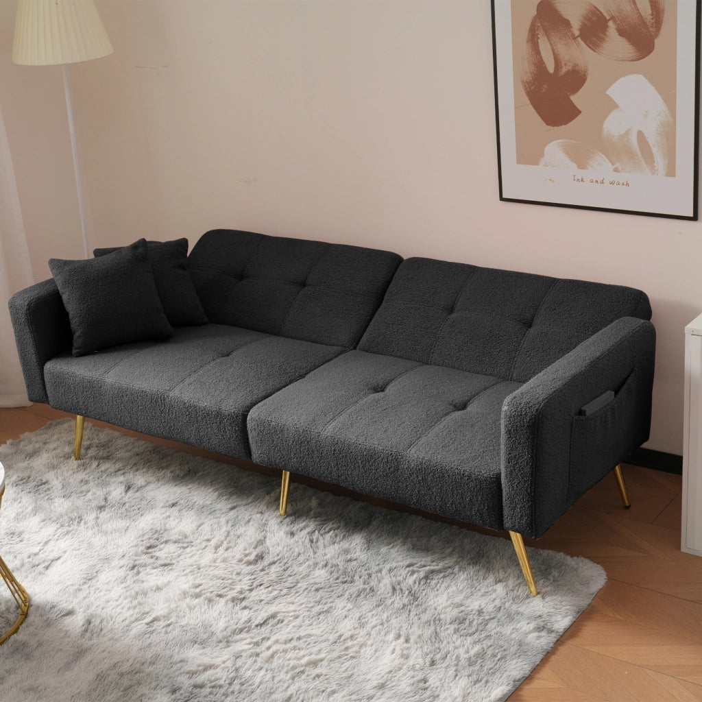 Divano Letto con Schienale Regolabile, Tasche Laterali e Cuscini, in Tessuto Bouclé Grigio Antico 175 × 64 × 72 cm