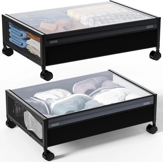 Scatola di archiviazione con ruote e coperchio - Set da 2 - Struttura metallica - Per sotto il letto