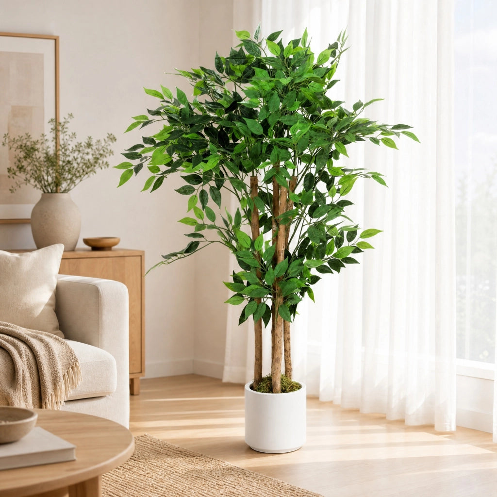 Pianta artificiale banyan 55x55x120 cm con foglie regolabili; tronco in legno; verde
