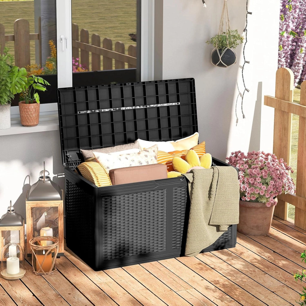 Scatola da giardino da 380 l, impermeabile, con coperchio e 2 ruote, per balcone, terrazza e cortile, 111 x 56 x 61 cm (nero)