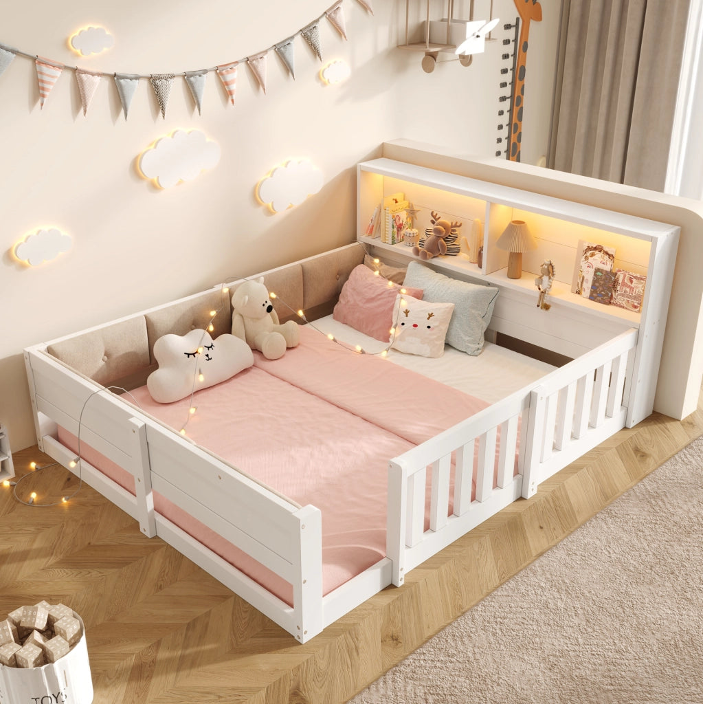 Letto per bambini 140x200 cm con sponde; LED e testiera con contenitore; bianco