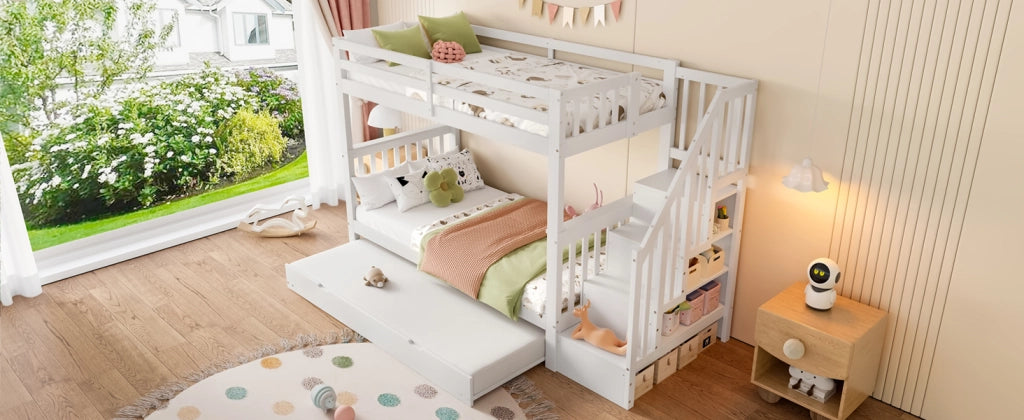 LETTO a castello 90x200 cm con letto estraibile, scala-ripiano, bianco