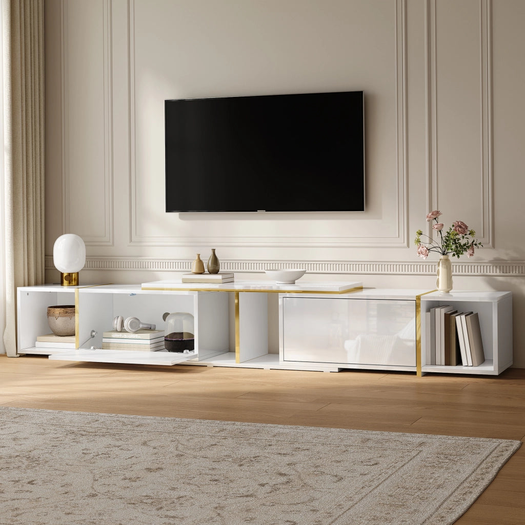 Mobile TV con elementi estraibili; vani aperti e passacavi - per soggiorno - 275×35×37 cm - in truciolare - bianco