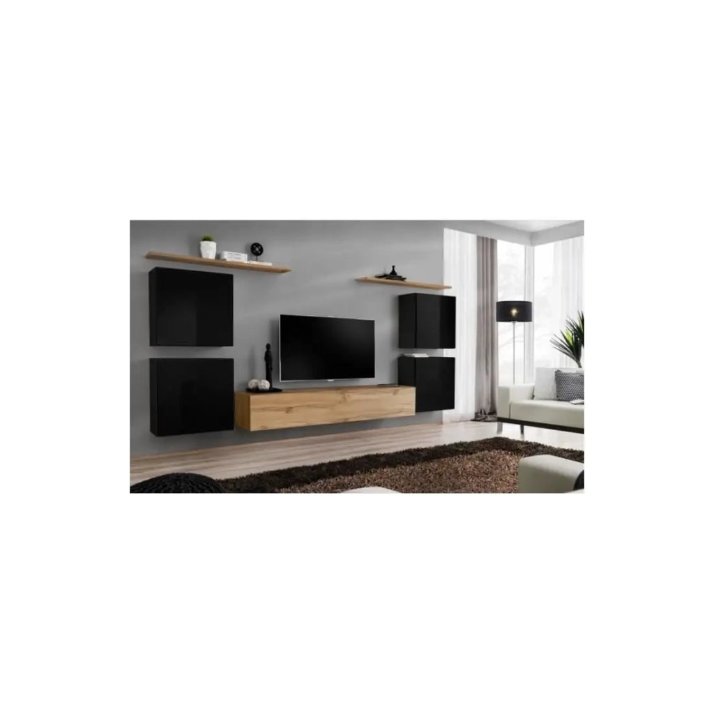 Set di mobili per soggiorno SWITCH IV design, colore quercia Wotan e nero lucido.