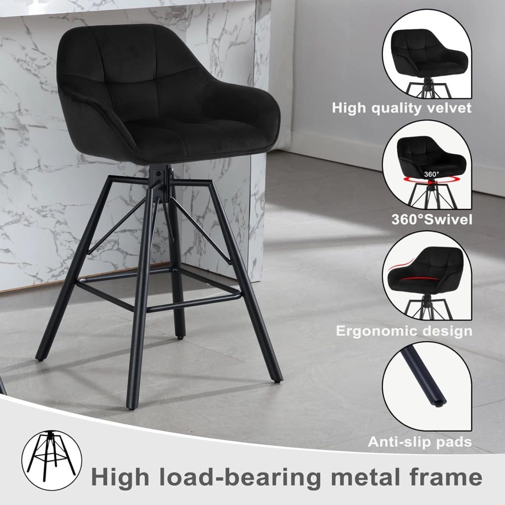 6 Pezzi Sgabello da Bar con Poggiapiedi, Sedia da Cucina con Sedile Girevole, Sgabello Alto con Schienale e Braccioli, Seduta in Velluto e Gambe in Metallo, Nero, BH397sz-6
