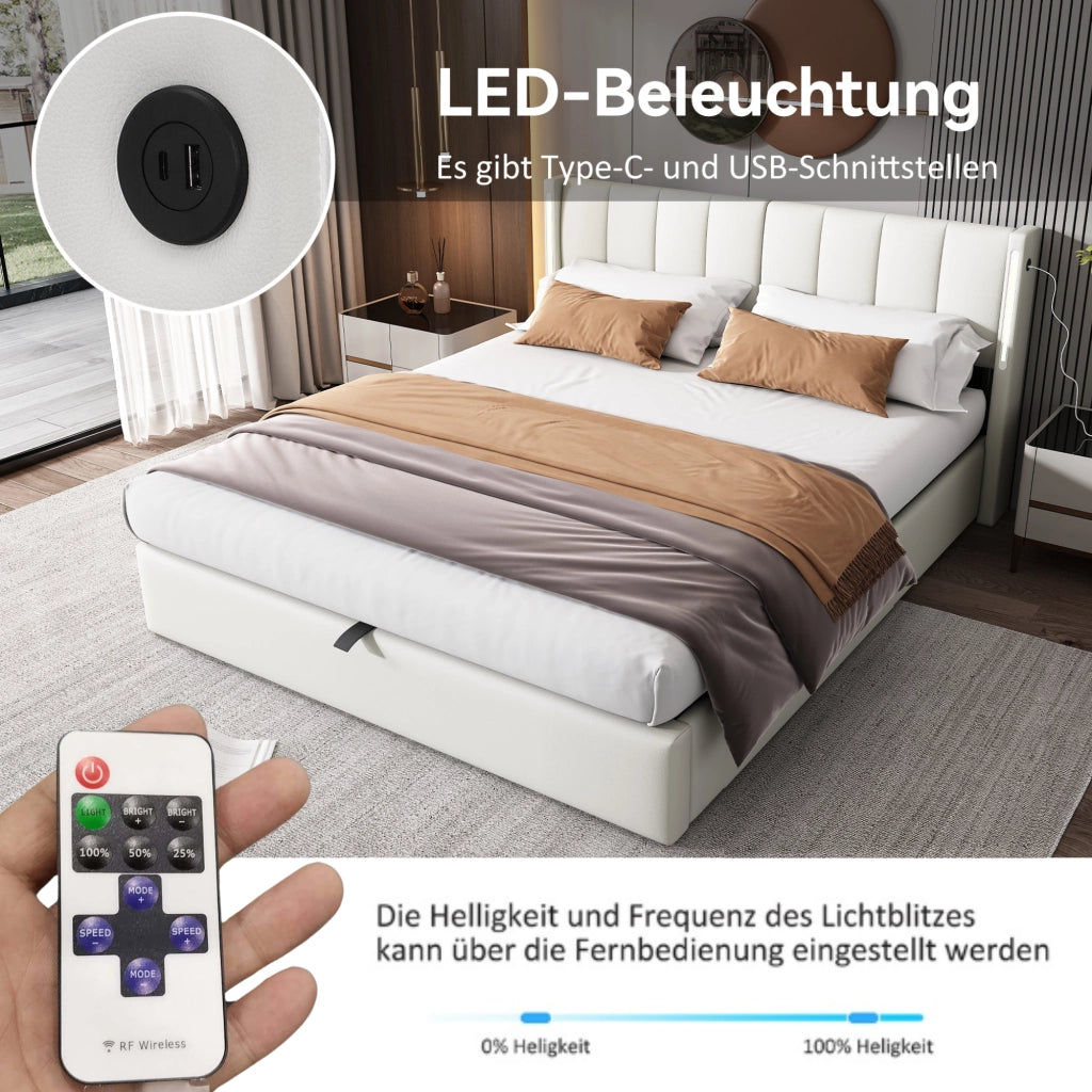 OKWISH Letto Contenitore 160×200 cm, Letto Matrimoniale con LED Regolabile, USB e Tipo C, Testiera Regolabile, senza Materasso, PU Bianco