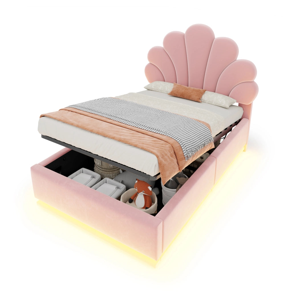 Letto singolo 90×200 cm con contenitore idraulico; LED e testiera a fiore; senza materasso; velluto; rosa