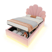 Letto singolo 90×200 cm con contenitore idraulico; LED e testiera a fiore; senza materasso; velluto; rosa