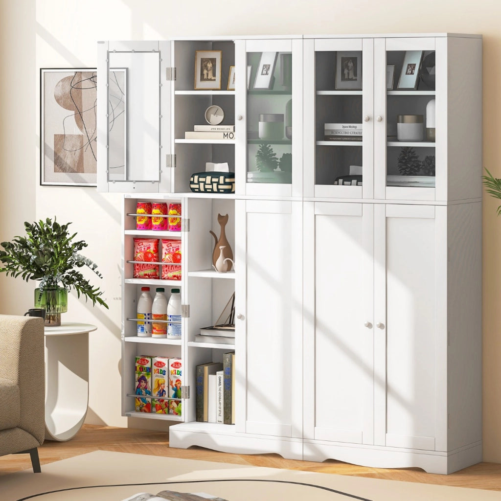 Mobile dispensa da cucina alto 161,5cm con ante in vetro ripiani di stoccaggio, Armadio dispensa per alimenti Bianco-Credenze buffet