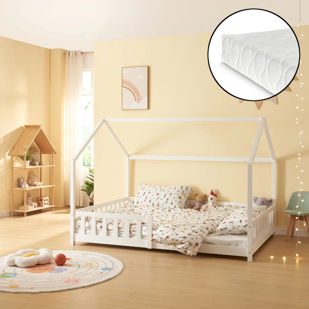 Letto Piazza e Mezza Hesel per Cameretta Forma di Casetta con Materasso 120 x 200 cm Bianco [en.casa]