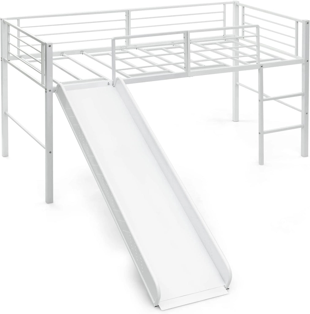 Letto a Soppalco per Bambini con Scivolo E Protezione Anticaduta e Scaletta, Struttura Letto in Metallo 96x198x109cm, Letto a Castello con Rete a Doghe, Fino a 150 kg (Bianco)
