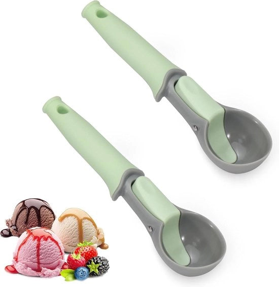 Due spatole con spatola a leva e manico comodo - ideali per gelato congelato, gelato, ghiaccio in cubetti di plastica verde e ghiaccio con manico