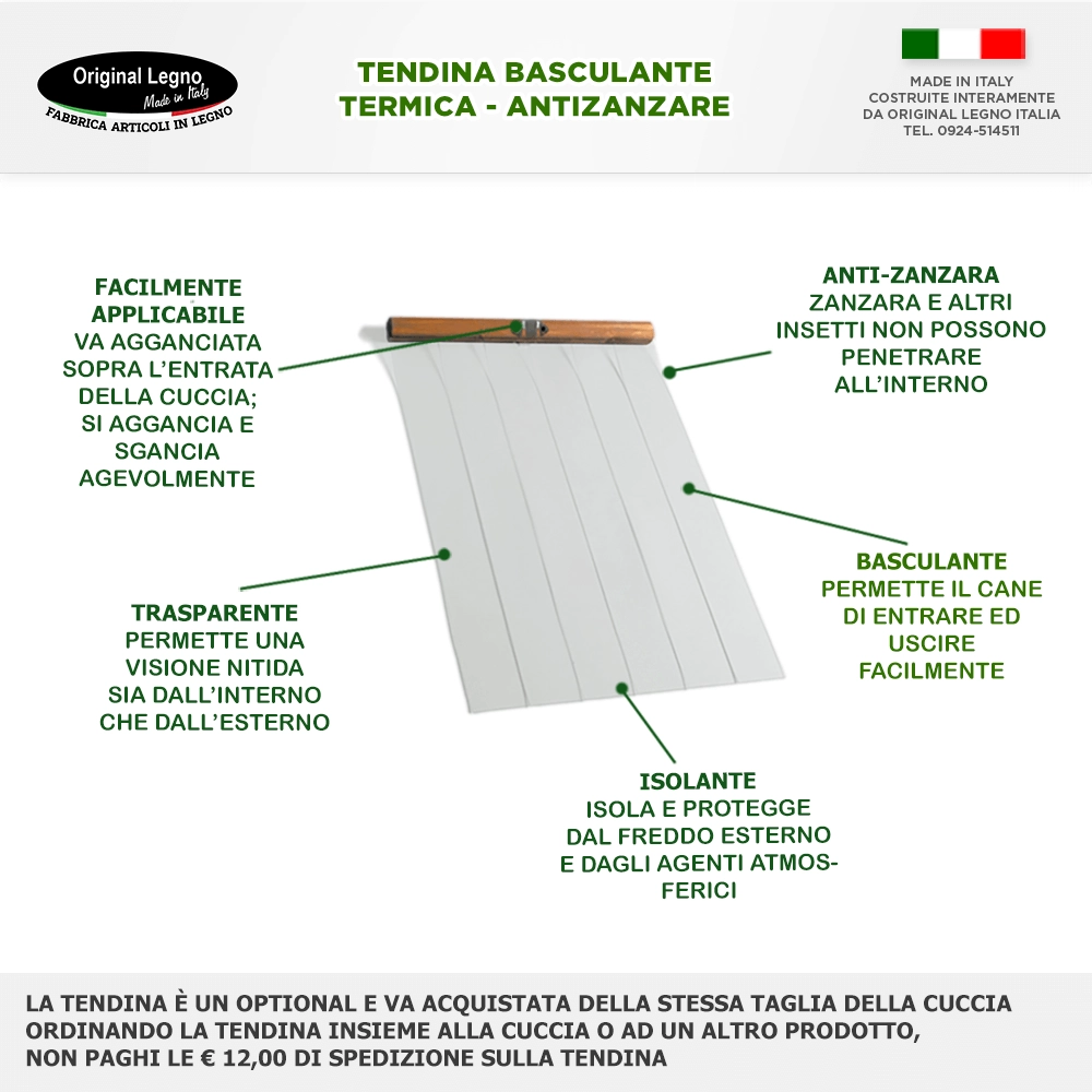 CUCCIA IN LEGNO PER CANI DA ESTERNO MODELLO ITALY CON DAVANZALE D-PASTORE CON "TENDINA OMAGGIO" L.102. xP.135 x H.78