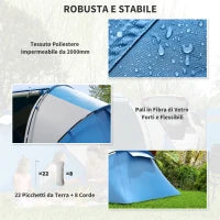 Tenda da Campeggio 4 Posti con 2 Zone Notte e Borsa da Trasporto, 430×240×170 cm, Bianco e Azzurro