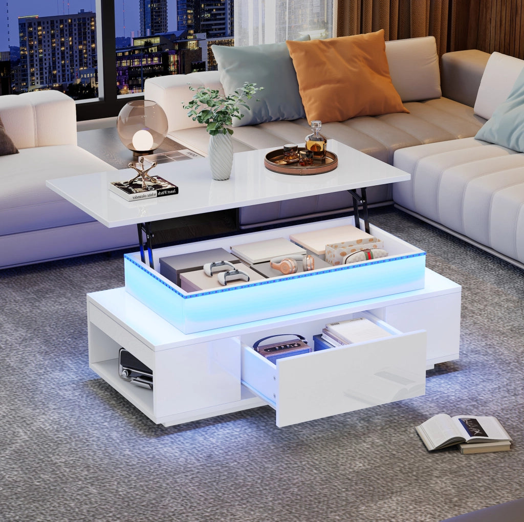 Tavolino elevabile con contenitore, cassetto e luci LED, bianco