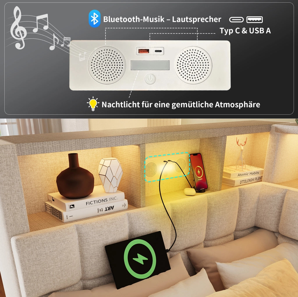 Letto singolo estraibile 90x200 beige con LED, USB-C e Bluetooth
