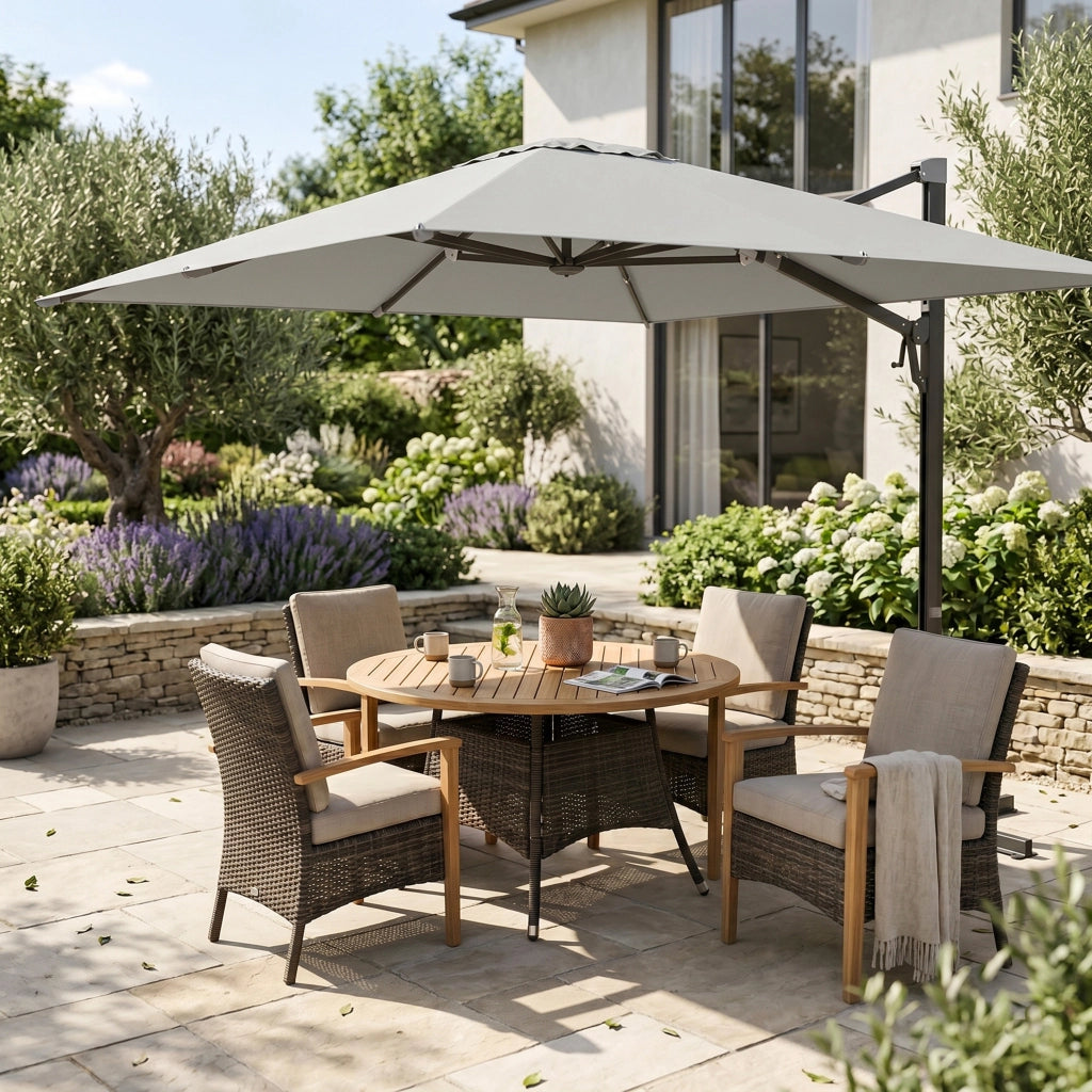 Ombrellone a Sbalzo con Base ¨C zephmum ¨C Poliestere, Alluminio, Grigio Chiaro, 365x297x256 cm