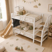 Letto a soppalco 90 × 200 cm con scivolo; scala contenitore; ripiani e barriera in metallo bianco