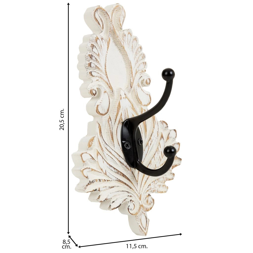Appendiabiti da parete in legno bianco intagliato 11,5x8,5x20,5h