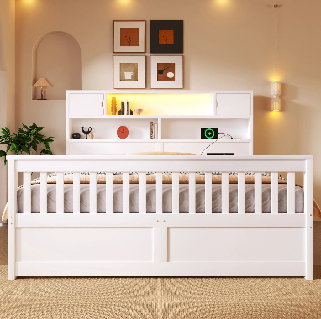 Letto 160x200 cm con cassetti; LED e testiera libreria in MDF e compensato bianco