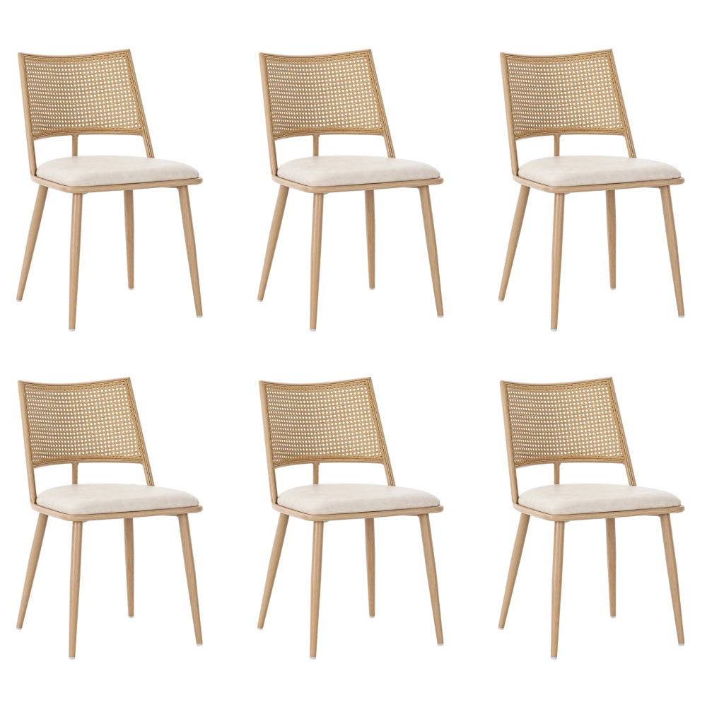 Sedia da Pranzo Set da 6 con Schienale in Rattan e Seduta Imbottita, in Metallo e Rattan, Beige