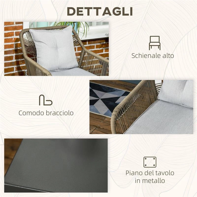 SET DA GIARDINO IN RATTAN E ACCIAIO CON 2 SEDIE MODERNE E 1 TAVOLINO DA CAFFÈ