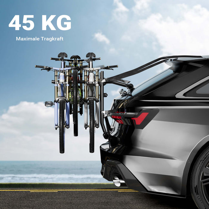 Portabici da portellone per 3 biciclette, in acciaio, portata fino a 45 kg, universale, installazione facile, con 6 cinghie e imbottitura in schiuma, per mountain bike, bici elettriche