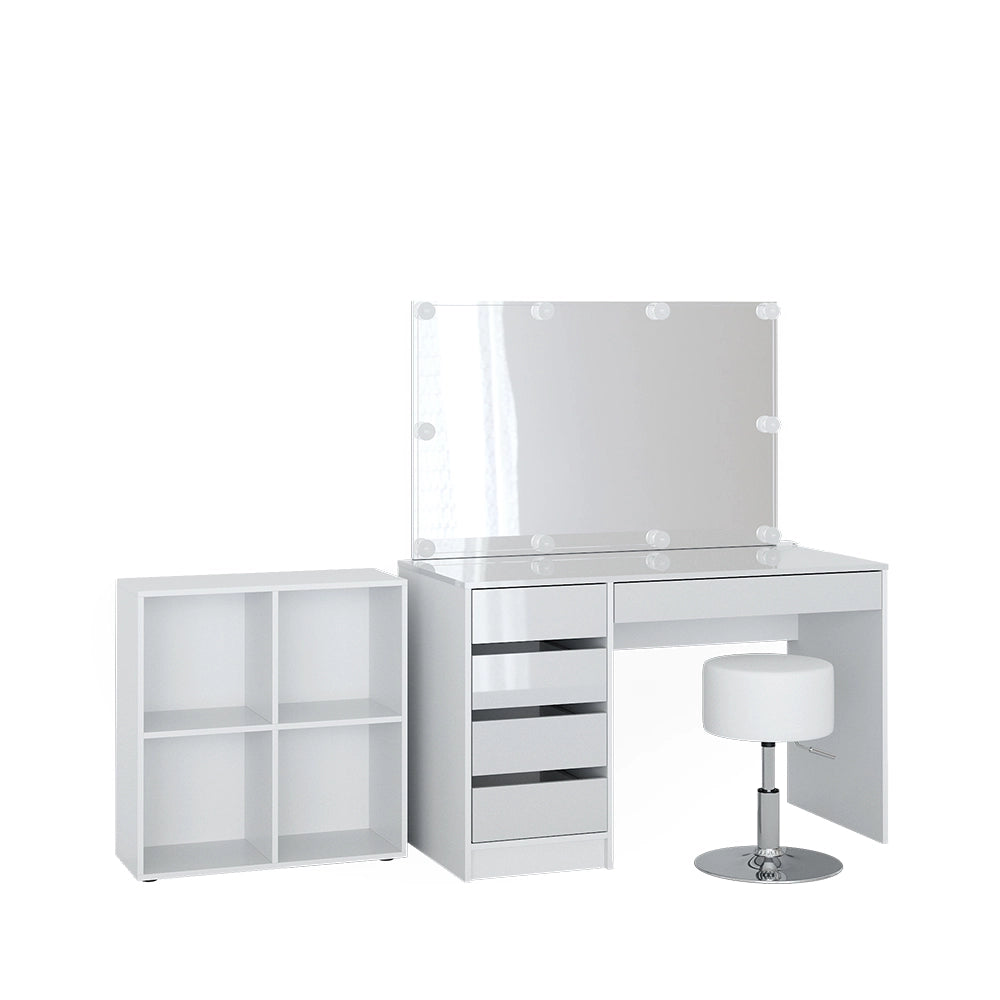 Vicco Tavolino da toilette Bianco 120 cm 4 parti, con scaffale, specchio, sgabello, LED