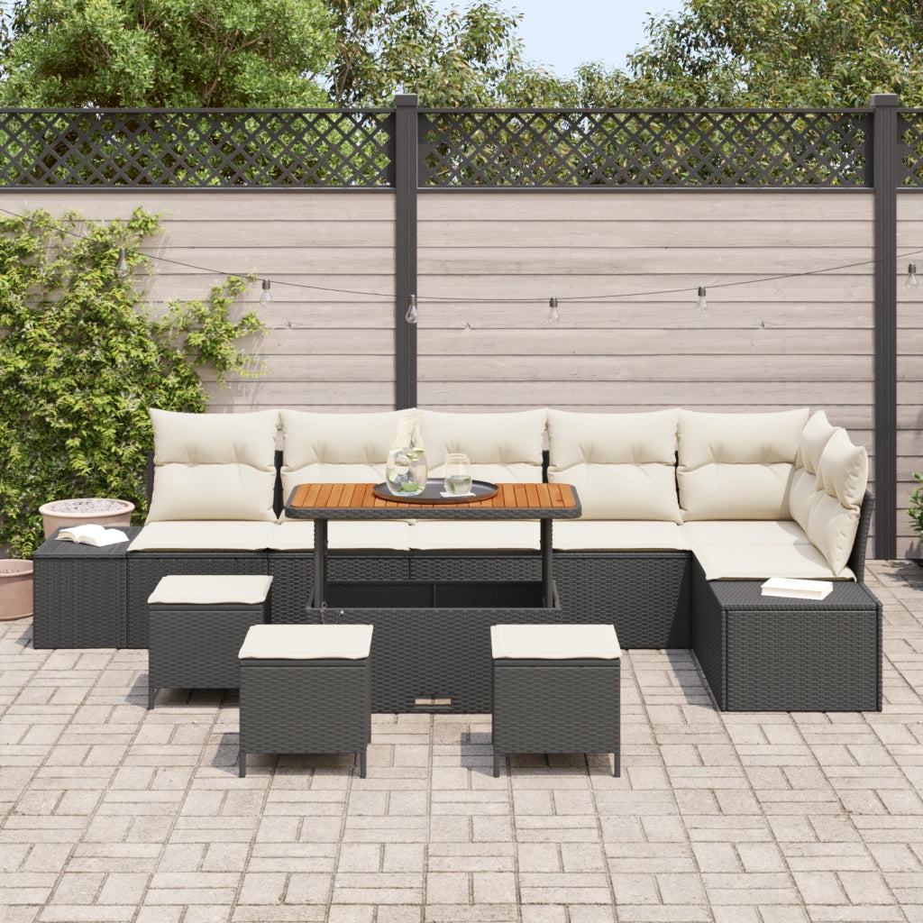 Set Divano da Giardino 10 Pezzi con Cuscini Polyrattan Nero