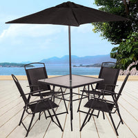 Set da Pranzo 6 Pezzi per Giardino Patio Tavolo Piano in Vetro con Ombrellone e 4 Sedie Pieghevoli Nero