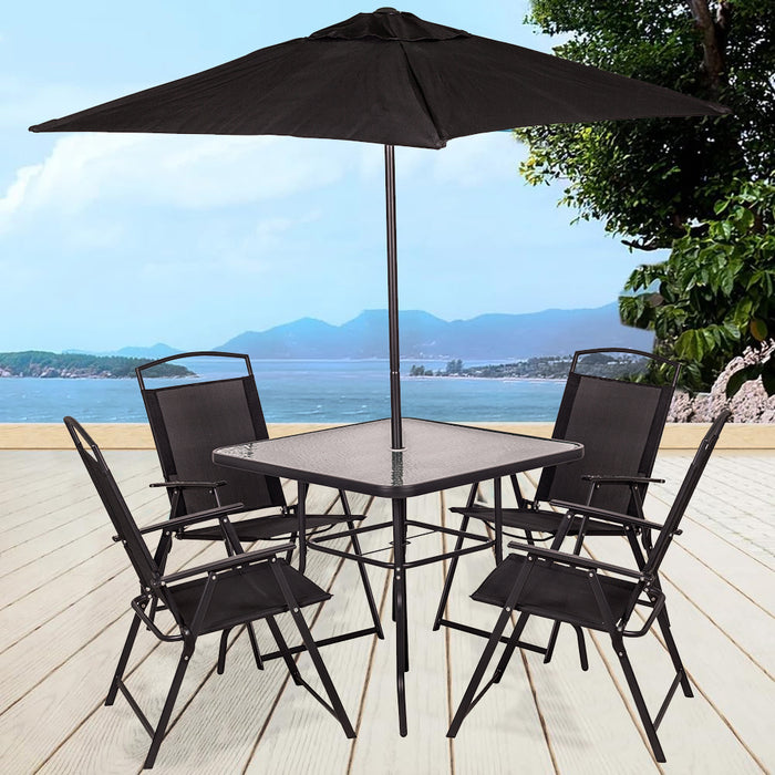 Set da Pranzo 6 Pezzi per Giardino Patio Tavolo Piano in Vetro con Ombrellone e 4 Sedie Pieghevoli Nero