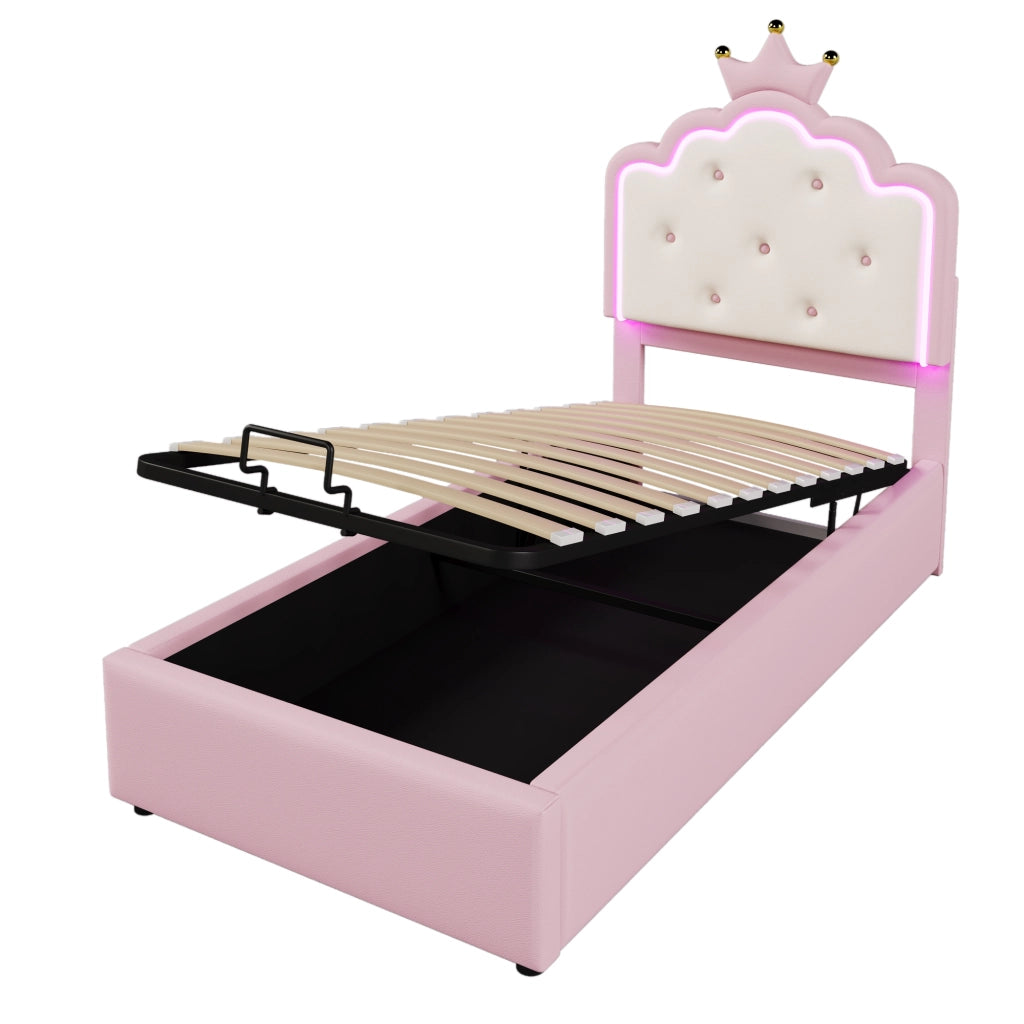 Letto imbottito per bambini 90x200 cm con rete a doghe, luce LED ambientale, contenitore idraulico, rosa