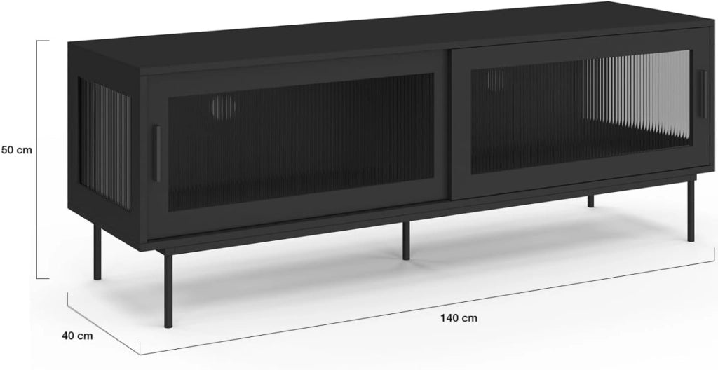 Mobile TV ZINEB 140 cm, 2 ante scorrevoli in vetro, frontale nero scanalato
