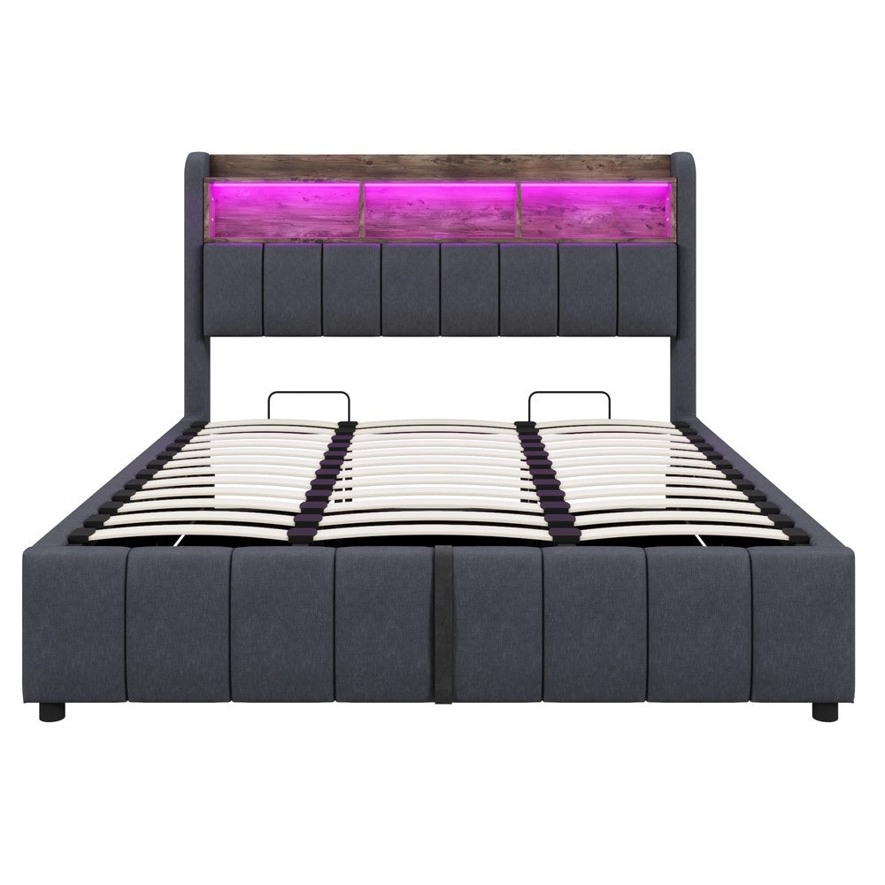 Letto Imbottito Matrimoniale con LED, USB, Contenitore Idraulico ¨C MINIMAL ¨C Tessuto Grigio 180x200