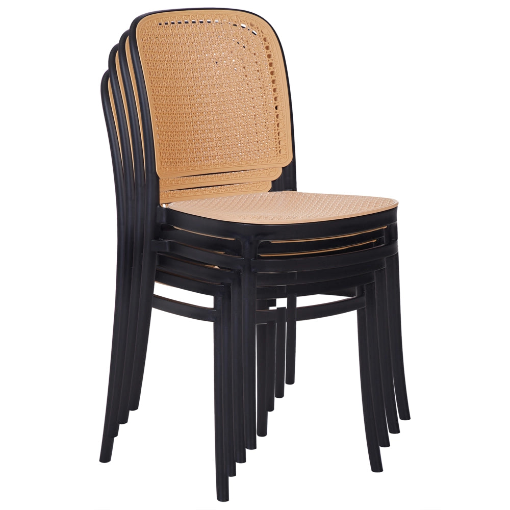 Set di 4 sedie da pranzo impilabili in plastica e senza braccioli, di colore beige e nero stile moderno