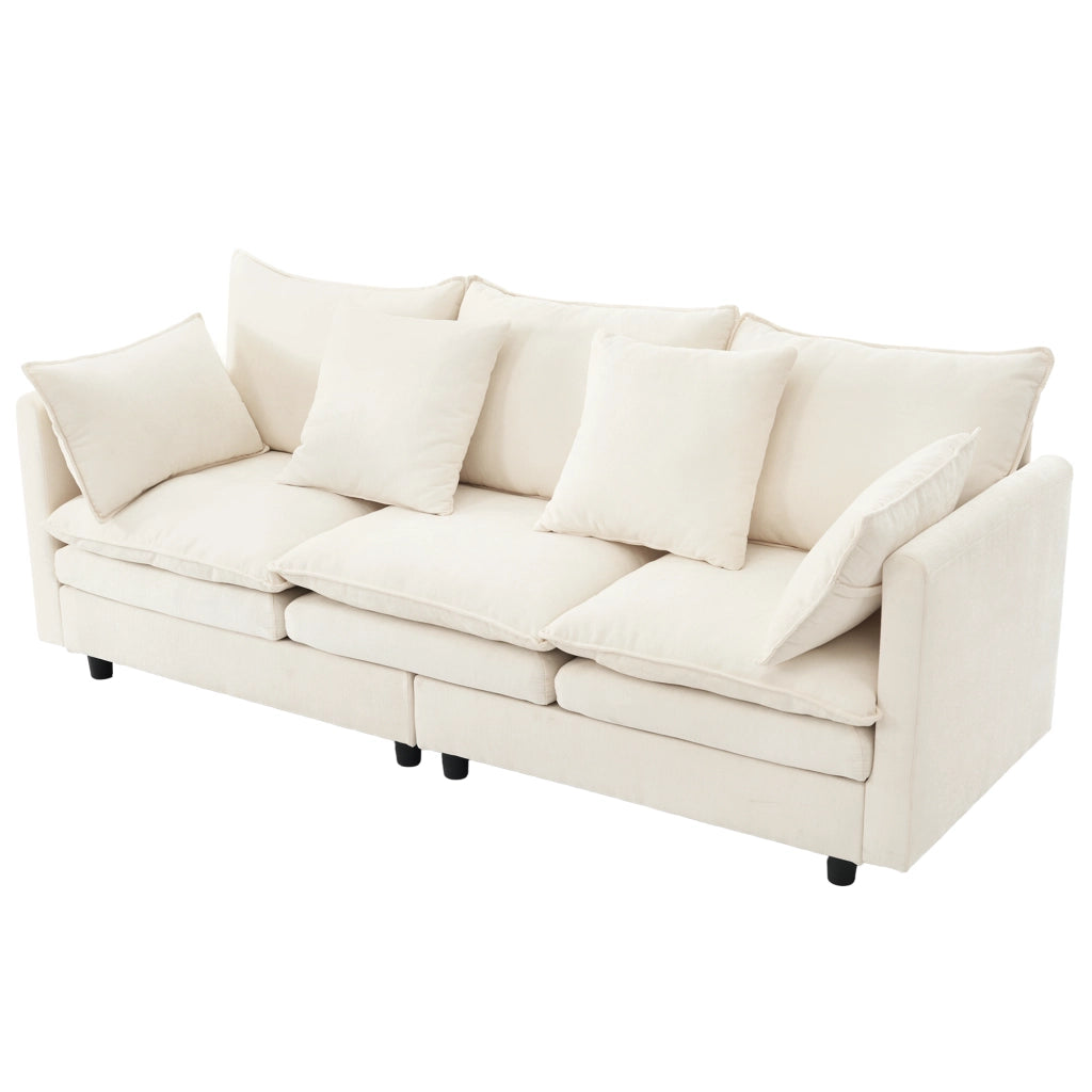 Divano angolare a 3 posti in ciniglia con chaise longue mobile, 4 cuscini e 3 schienali beige 212 × 150 × 90 cm