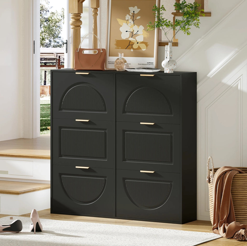 Armadio portascarpe con 6 ribalte; design curvo; 118x25x115 cm; MDF nero