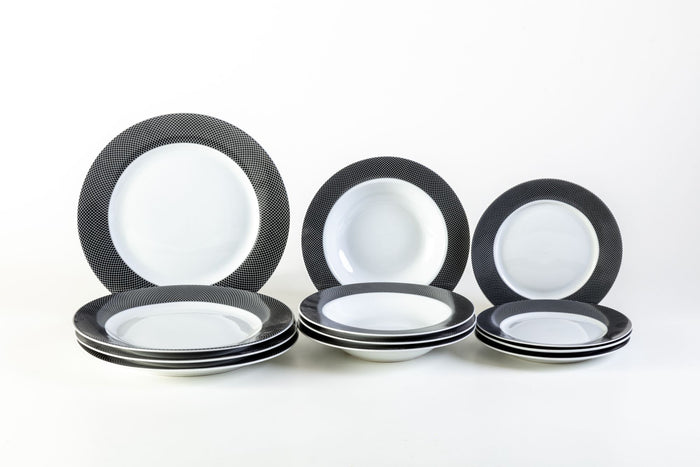 Servizio Piatti da Tavola 12 Pezzi in Porcellana Bianca Bordo Nero