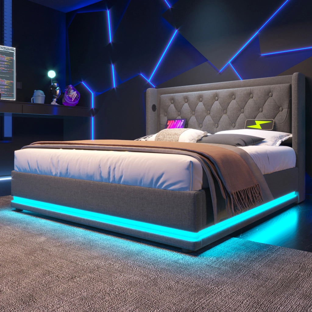 Letto contenitore ULEVR 140x200 cm con LED, USB e Type-C, testiera imbottita in cotone grigio