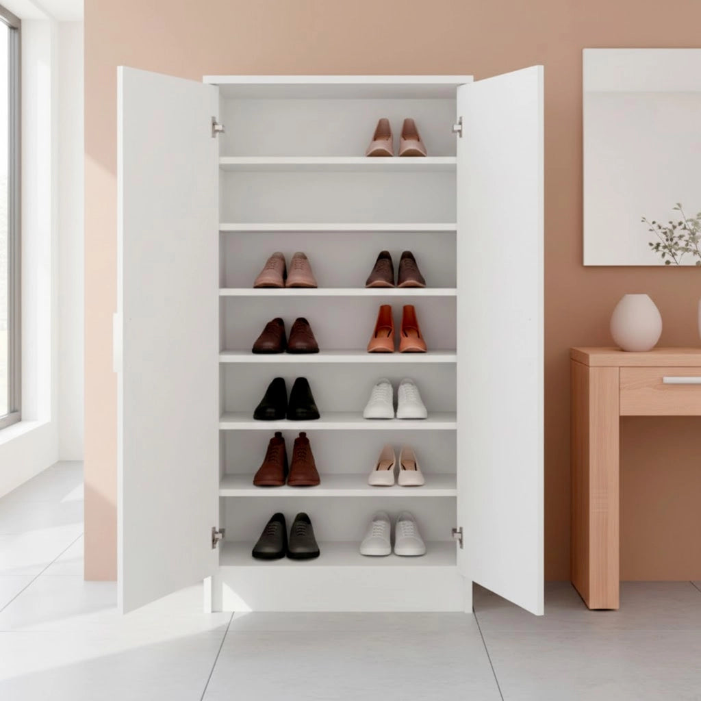 Mobile Porta Scarpe Armadio Multiuso Con 2 Ante E 6 Ripiani Estraibili Scarpiera Salvaspazio Design Moderno Minimal Per Ingresso Corridoio Camera Ripostiglio 108 X 55 X 39.6 Cm Bianco