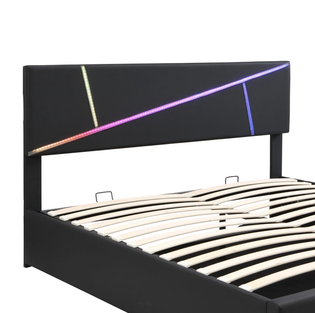 Letto imbottito con LED; contenitore idraulico; PU nero