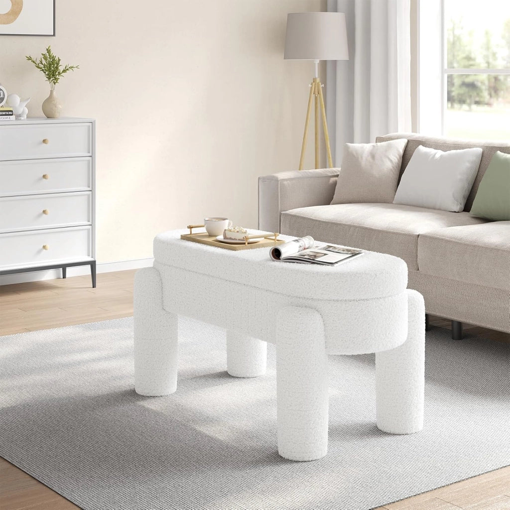 Panca Contenitore, Panca Imbottita in Tessuto Teddy, 114x47x53 cm, Poggiapiedi Divano, per Camera da Letto, Soggiorno, Ingresso, Portata 250 kg, Moderno, Bianco