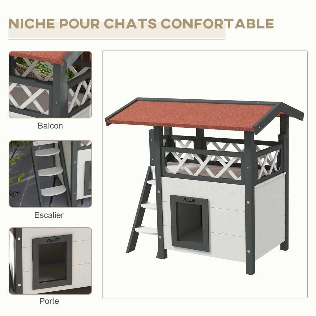 Casetta per gatti con scala e terrazza ¨C zephmum ¨C 77x50x73 cm bianco e rosso