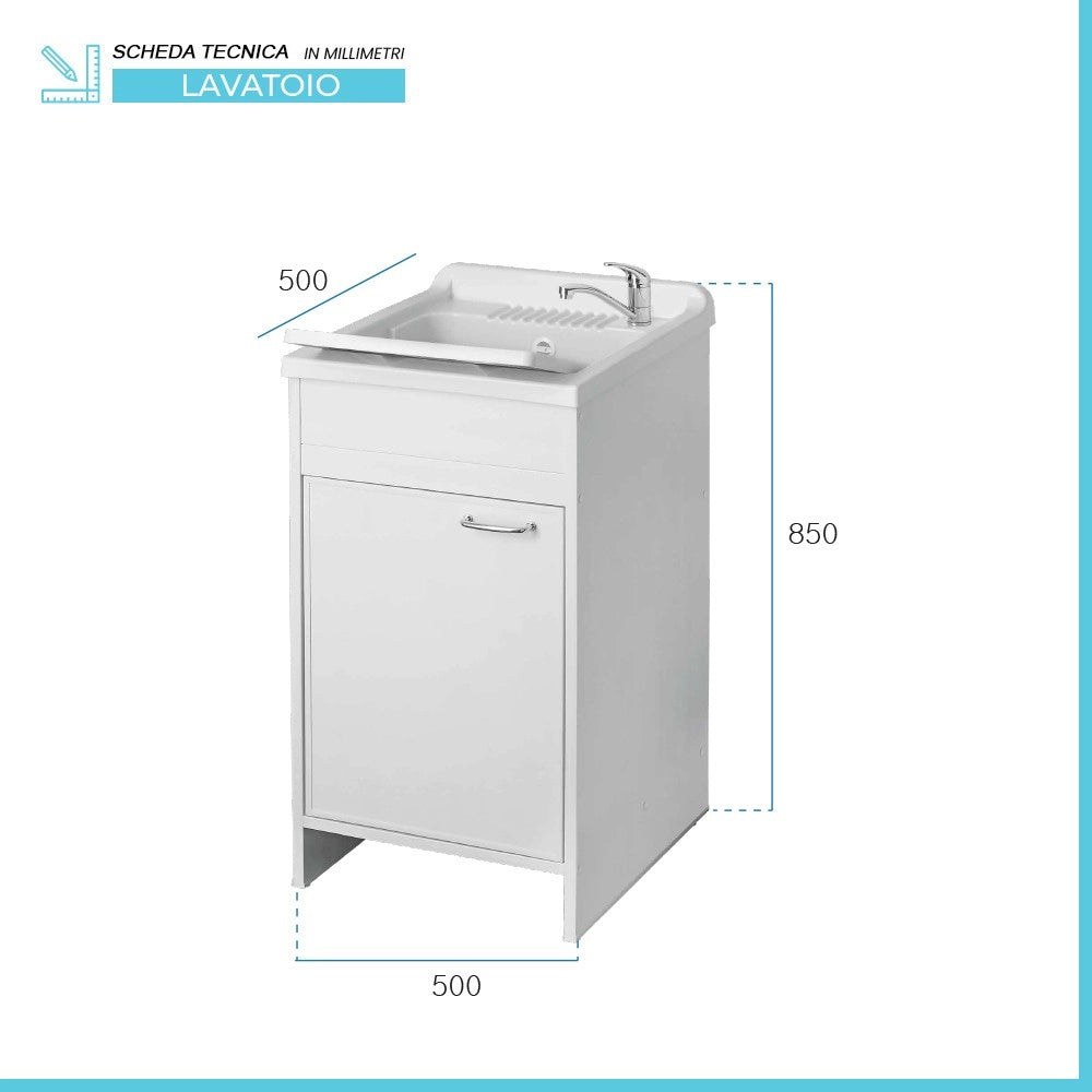 Mobile lavatoio 50x50 cm vasca in resina con asse e kit di scarico